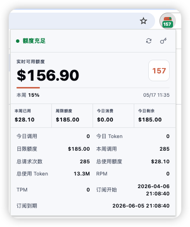 CodexZH 浏览器插件用量查询效果